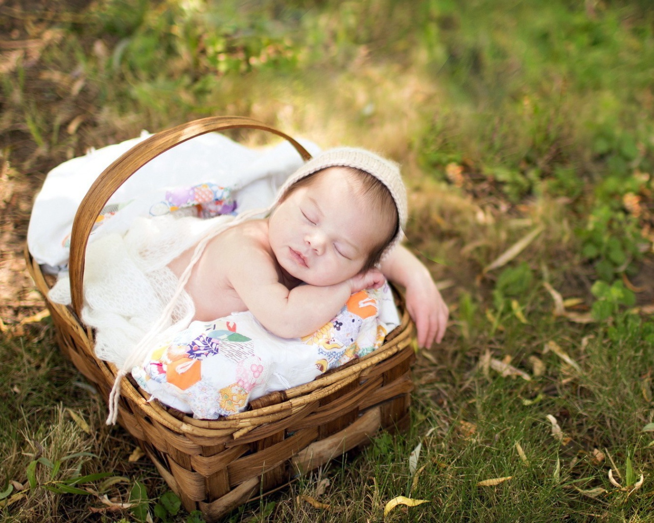 Ребенок спит в корзинке на траве