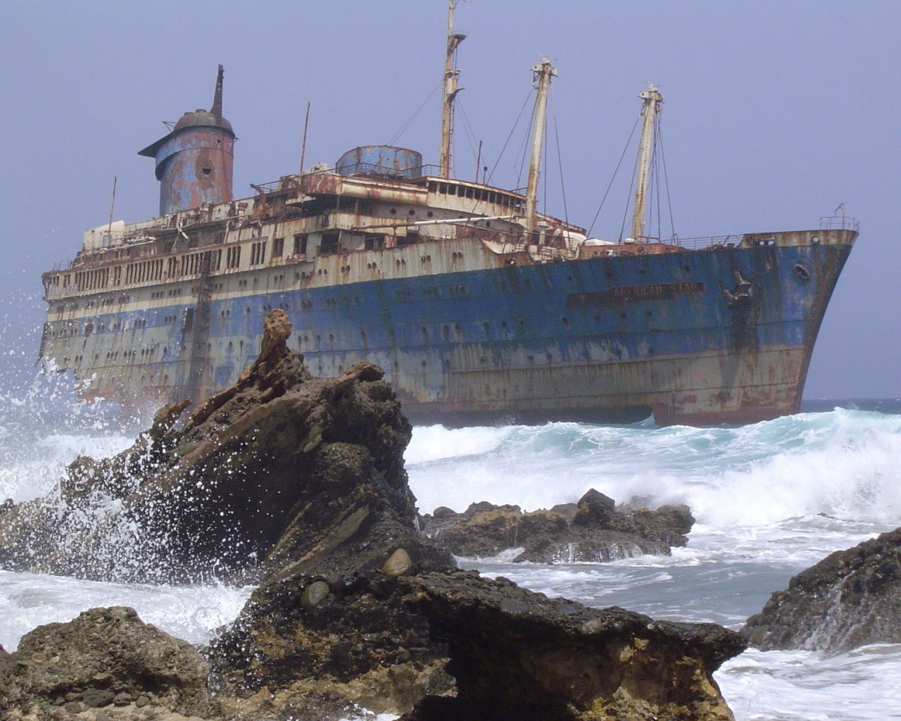 Abandoned ship is on the rocks
