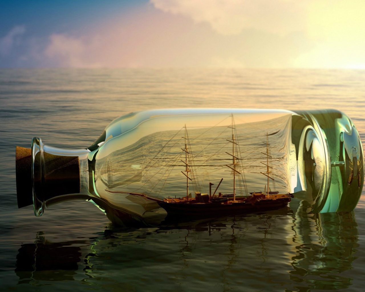 Корабль в бутылке среди моря