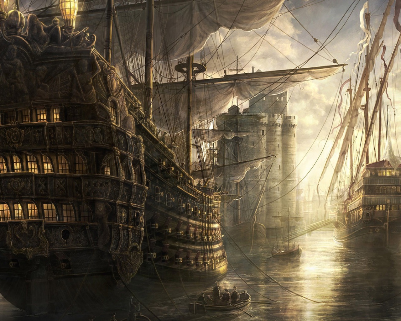 Старинные парусные корабли в порту