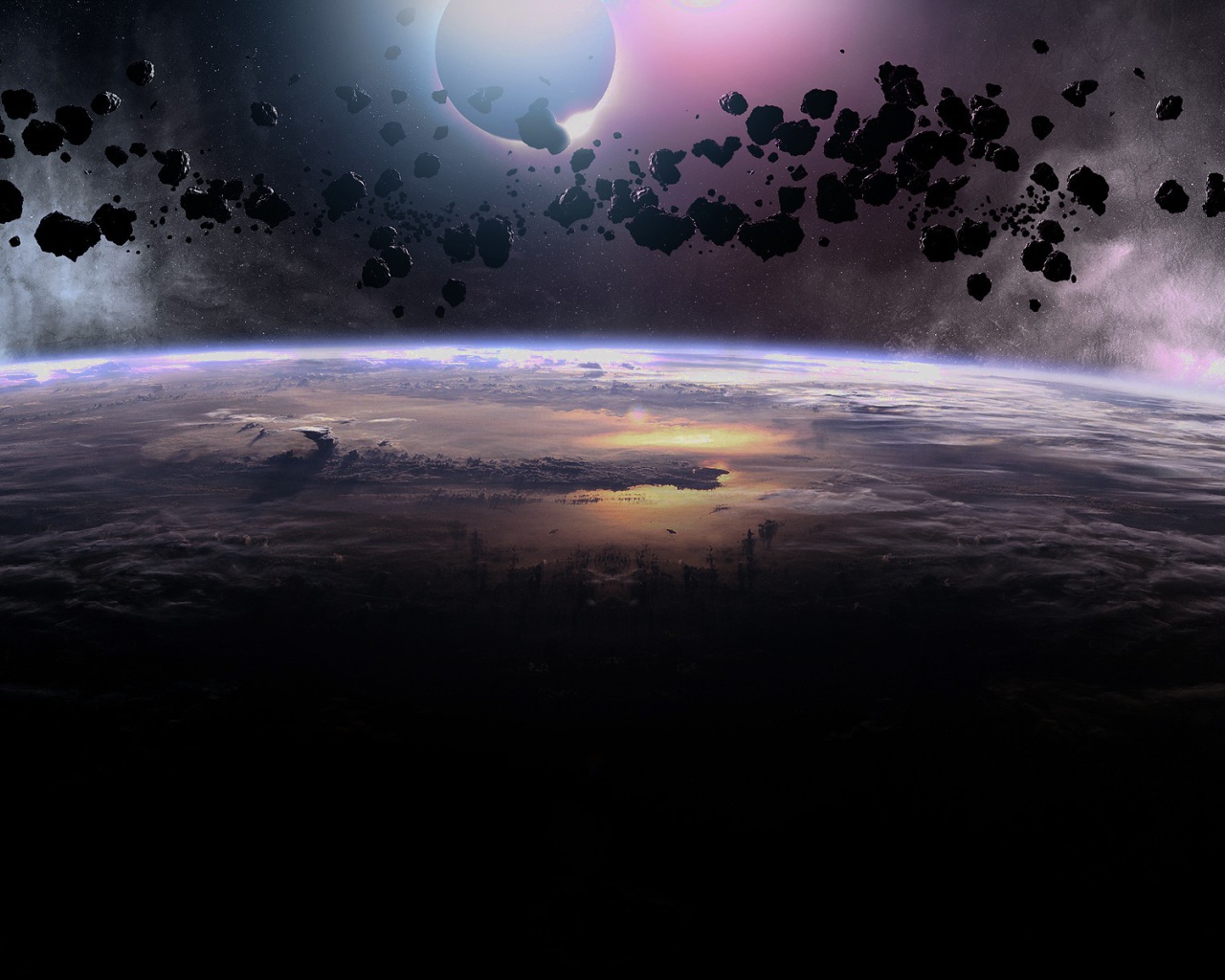 Облако черных астероидов над планетой