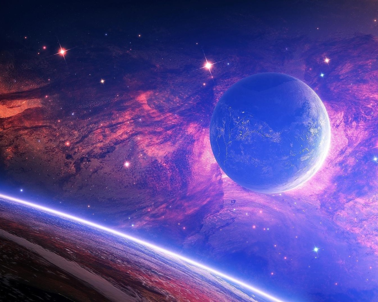 Голубая планета на фоне розовой галактики