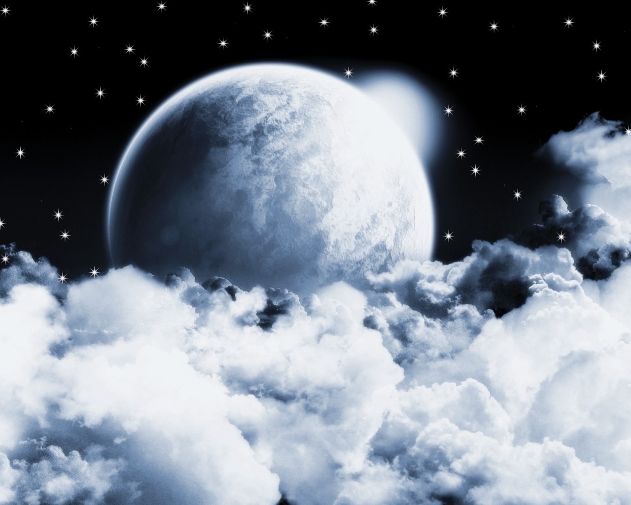 Серая планета в облаках на фоне звезд