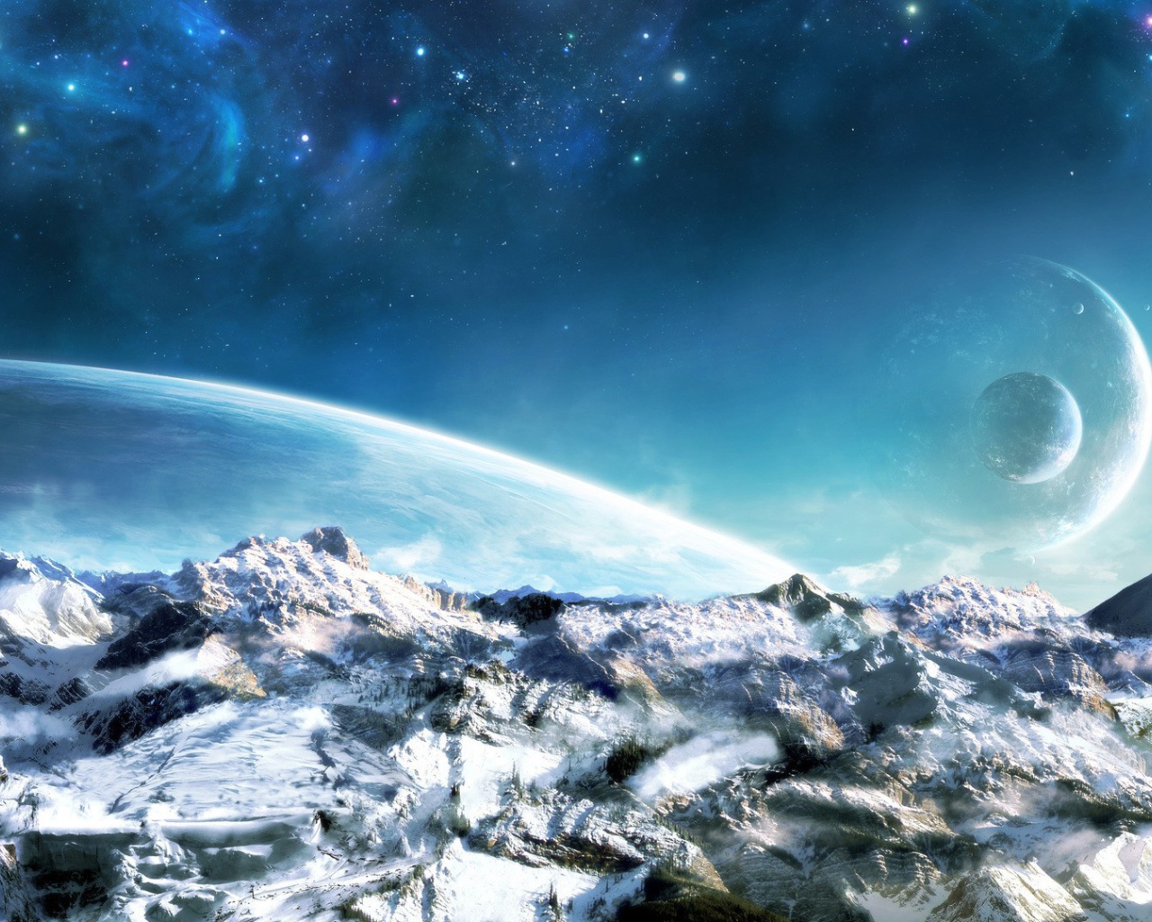 Ледяной мир на фоне чужих планет