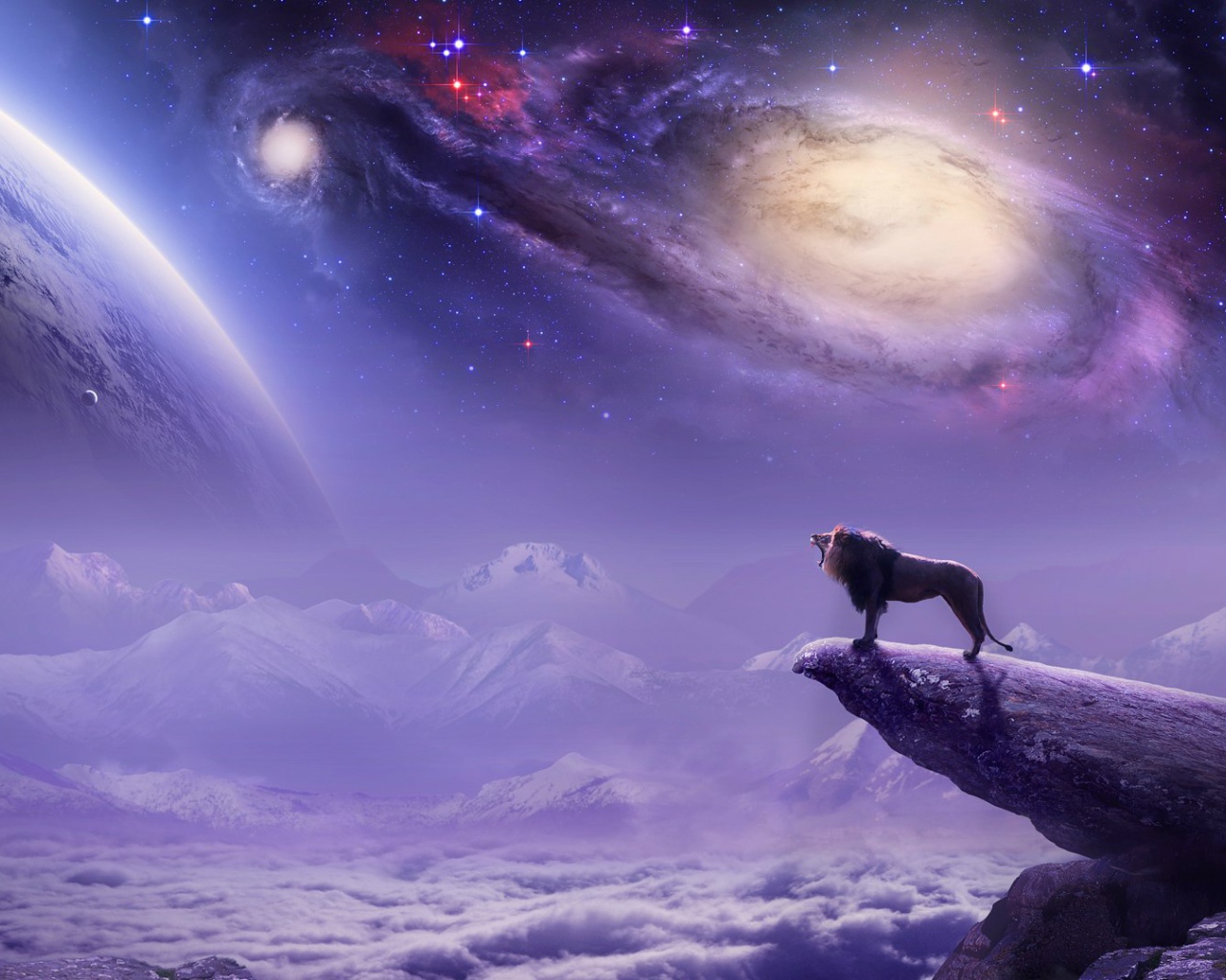 Лев на фоне галактики