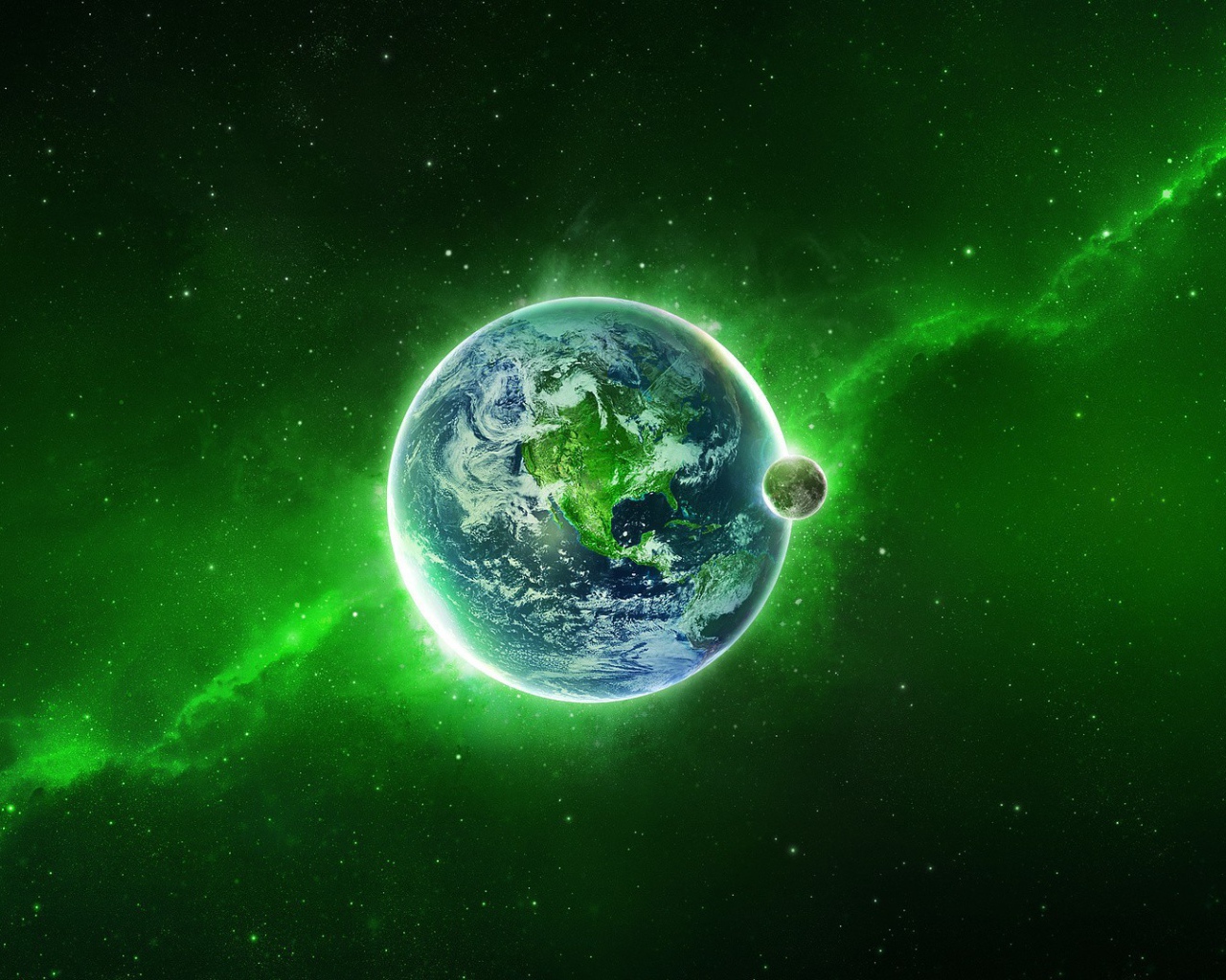 Наша планета на фоне зеленой туманности