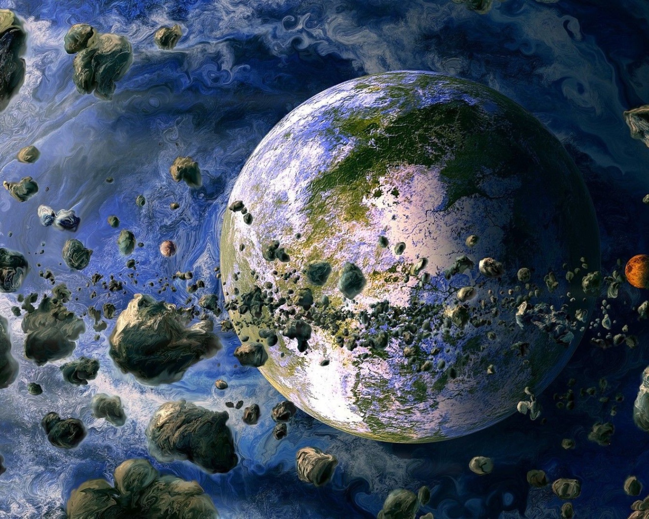 Земля в окружении обломков спутника