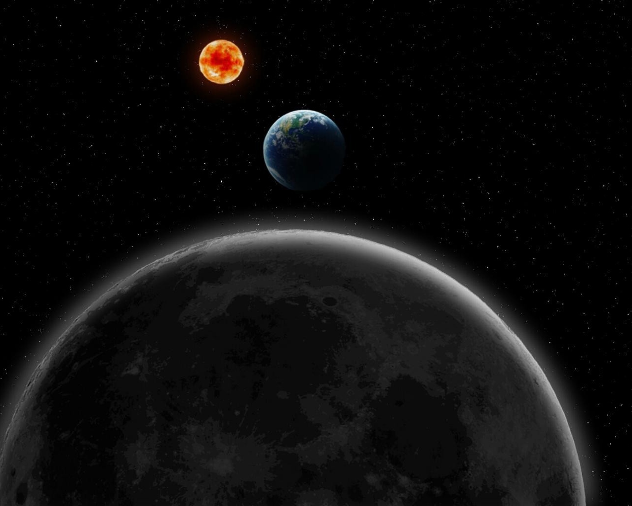 Луна, Земля и Солнце на фоне звезд