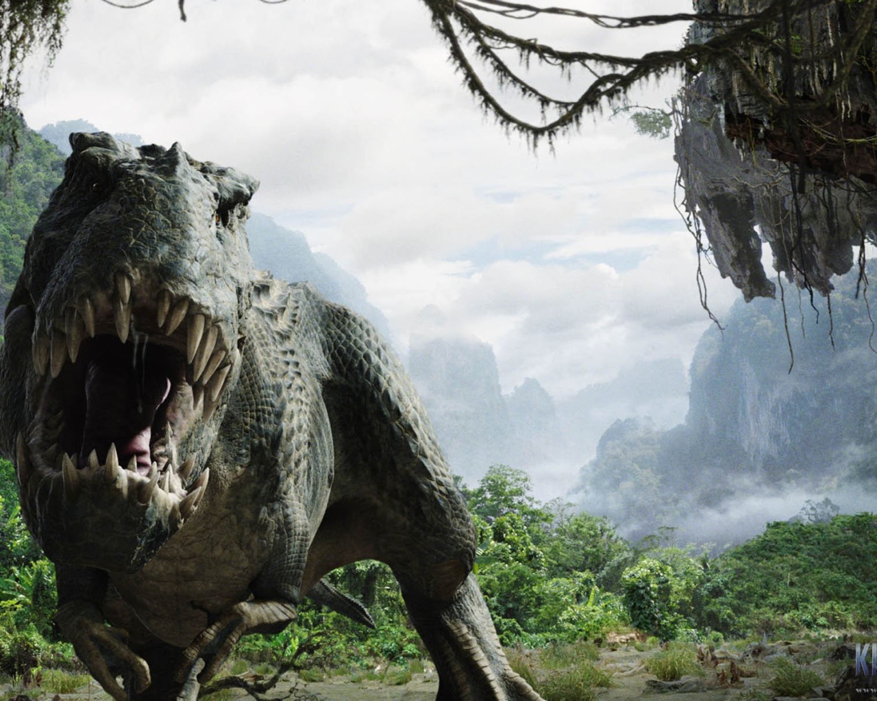 Динозавр у входа в пещеру в тропиках