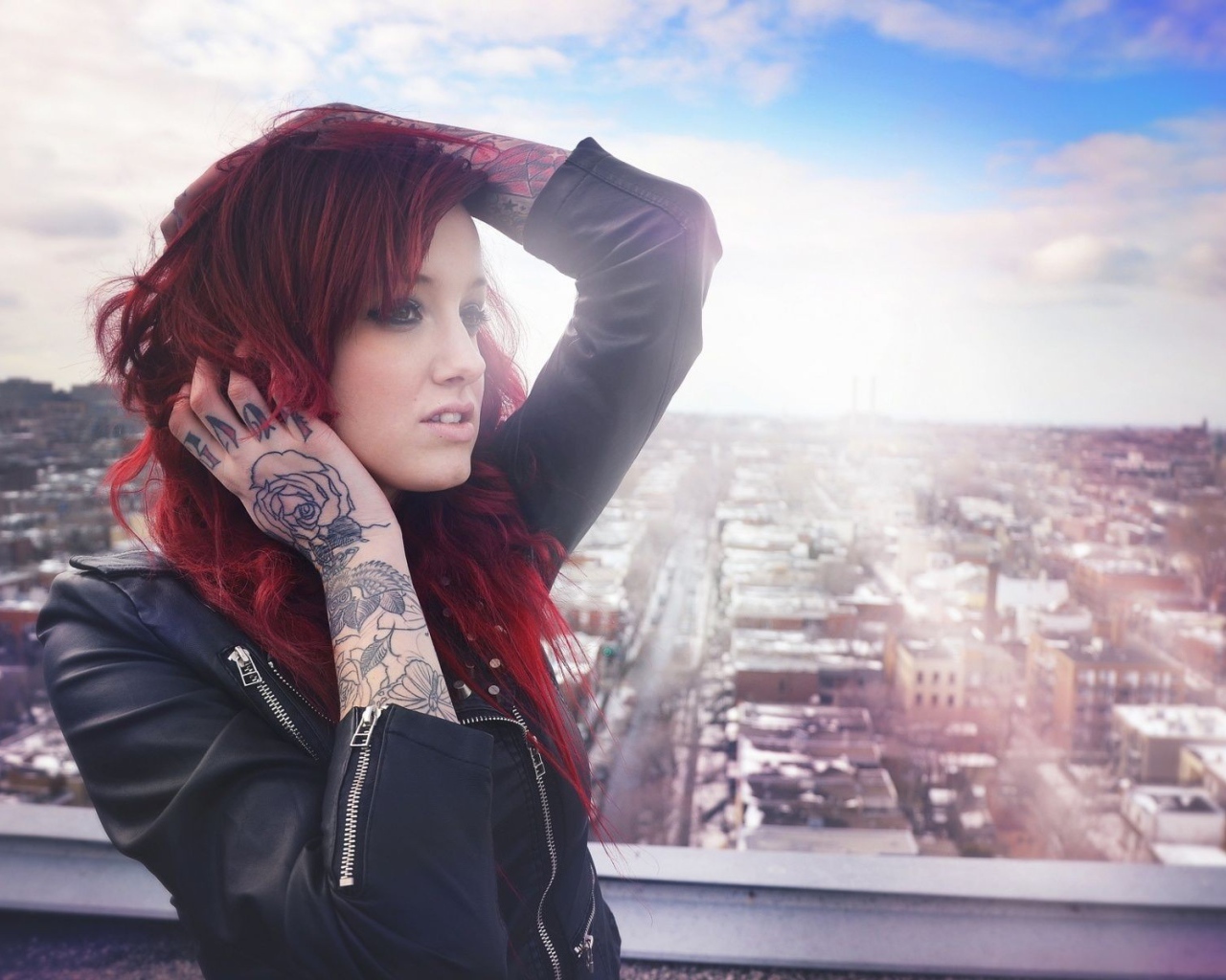 Tattoo rose on hand redhead girl
