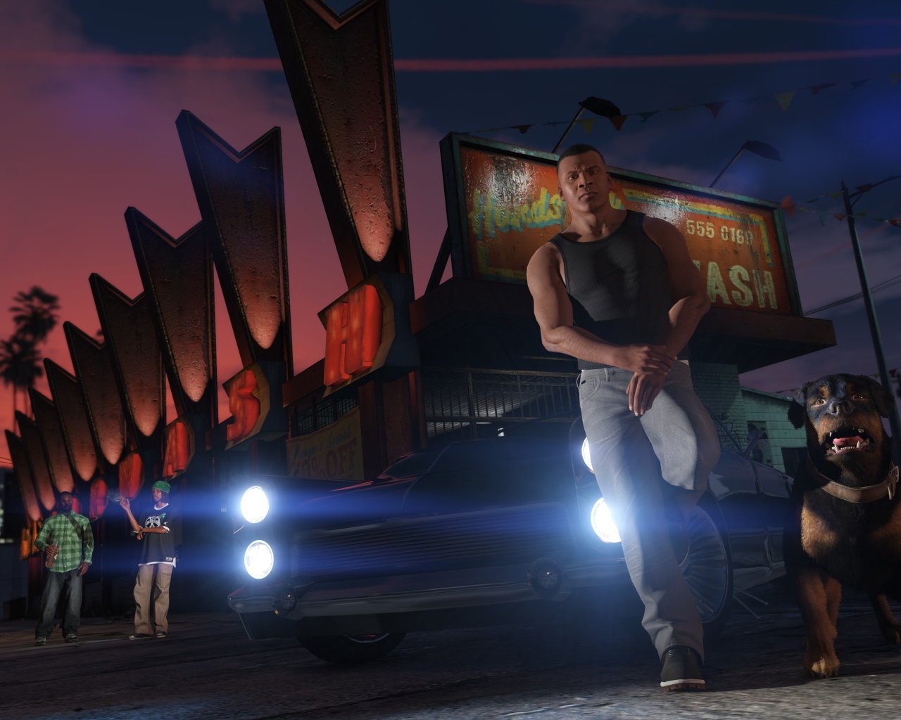 Парень с собакой у авто, игра Grand Theft Auto V