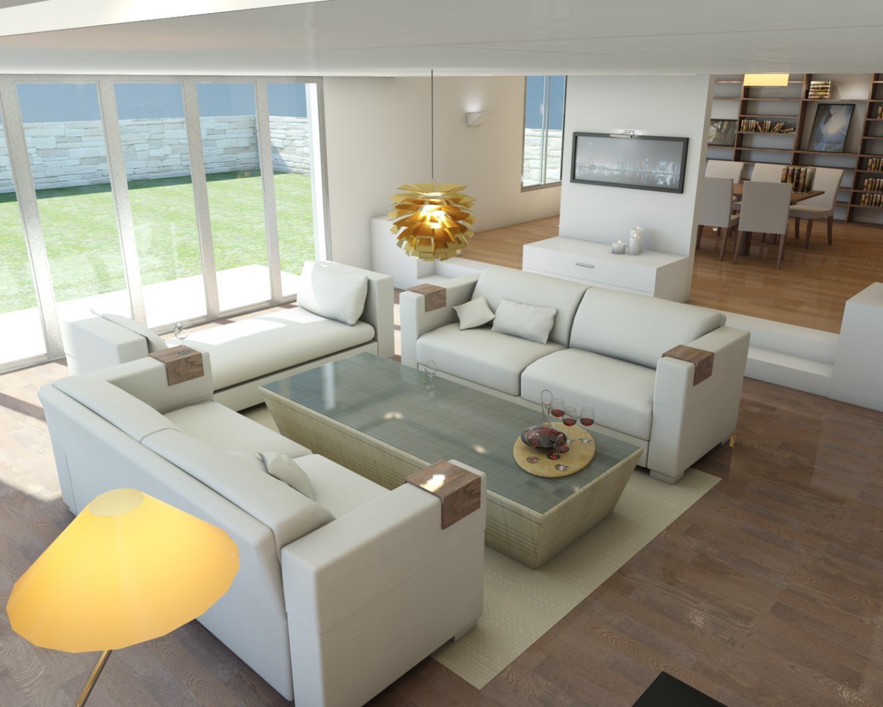 Белые кожаные диваны в светлой гостиной