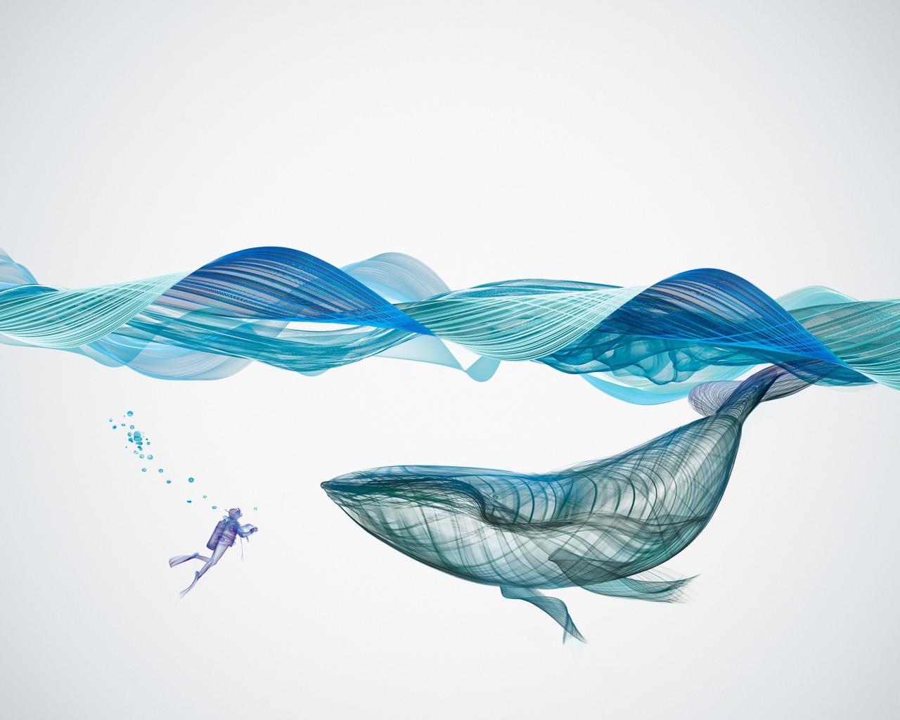 Большой кит и водолаз под водой 3д графика