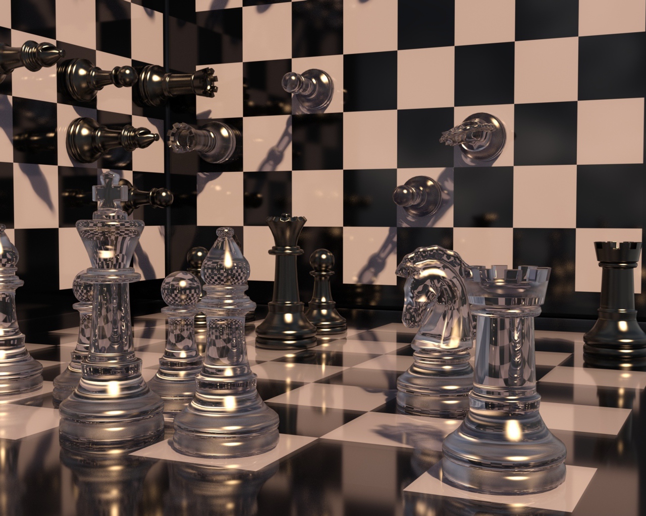 Шахматная доска с прозрачными шахматными фигурами 3д графика