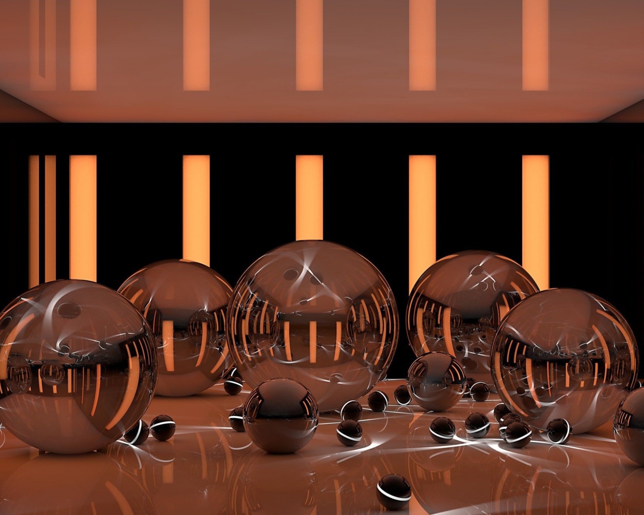 Глянцевые шары на поверхности с неоновыми полосками 