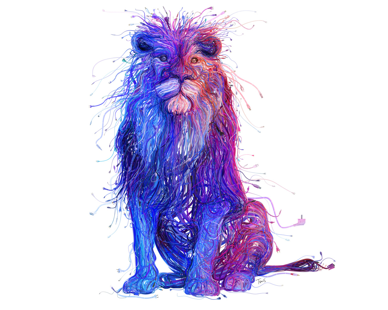 Большой лев из разноцветных проводов на белом фоне 3д графика