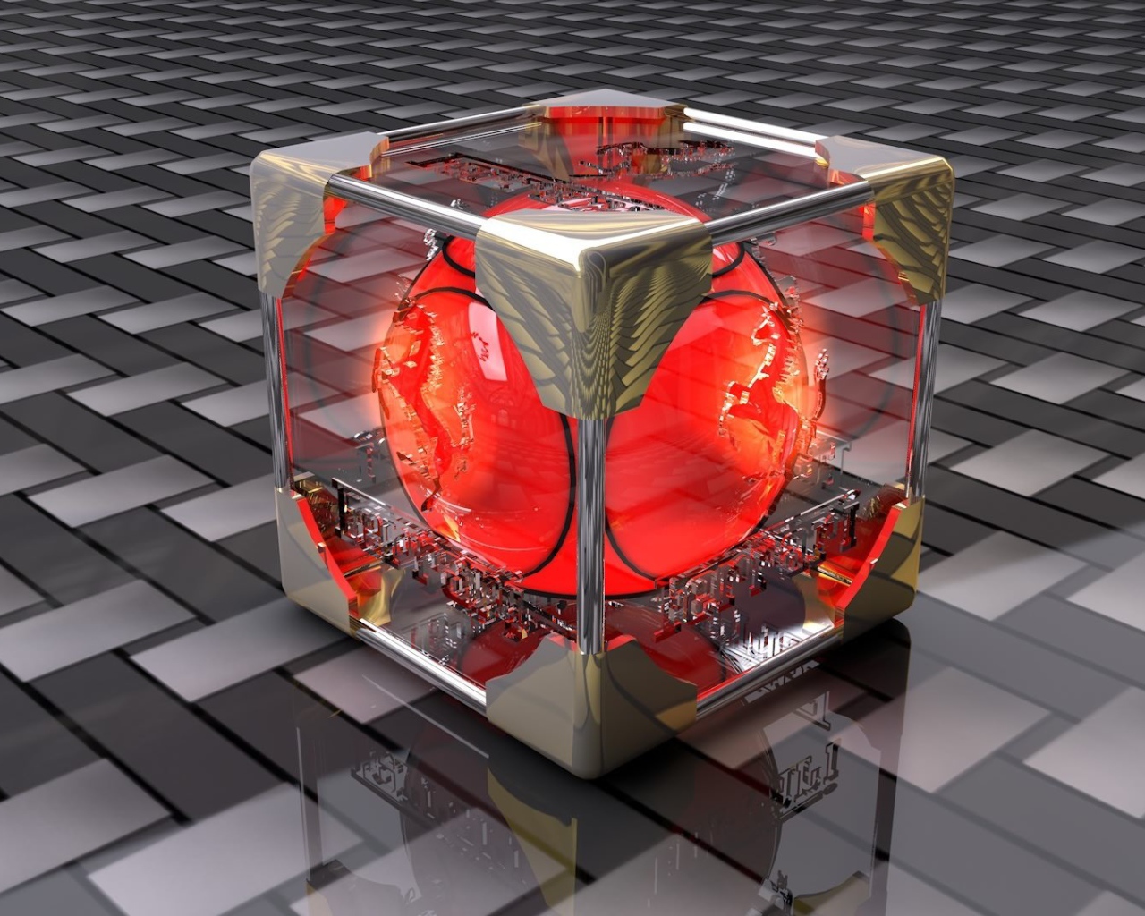 Красный шар в стеклянном кубе 3D графика 