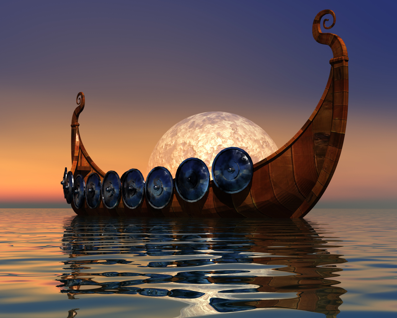 Лодка викингов на фоне луны в воде 3д графика