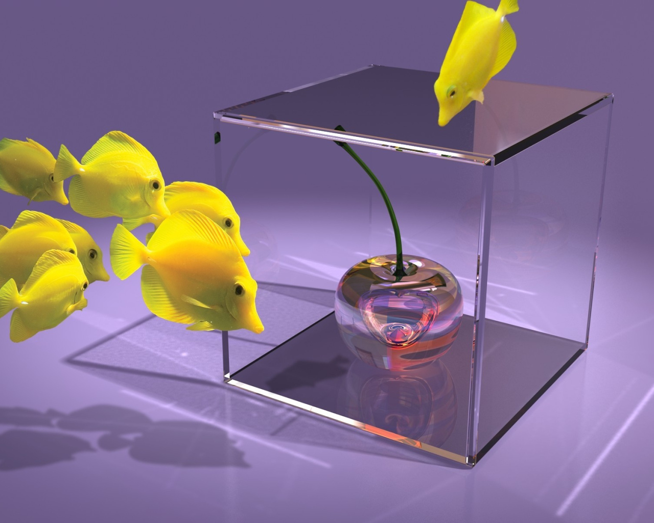 Желтые рыбки и вишня в стеклянном  кубе  3D графика 