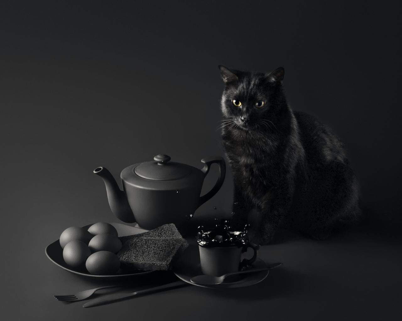 Черный кот сидит на столе с завтраком