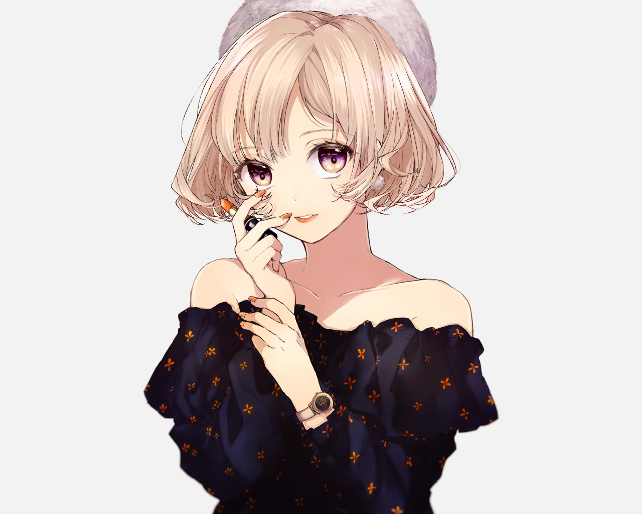 Девушка аниме блондинка с помадой в руках на белом фоне