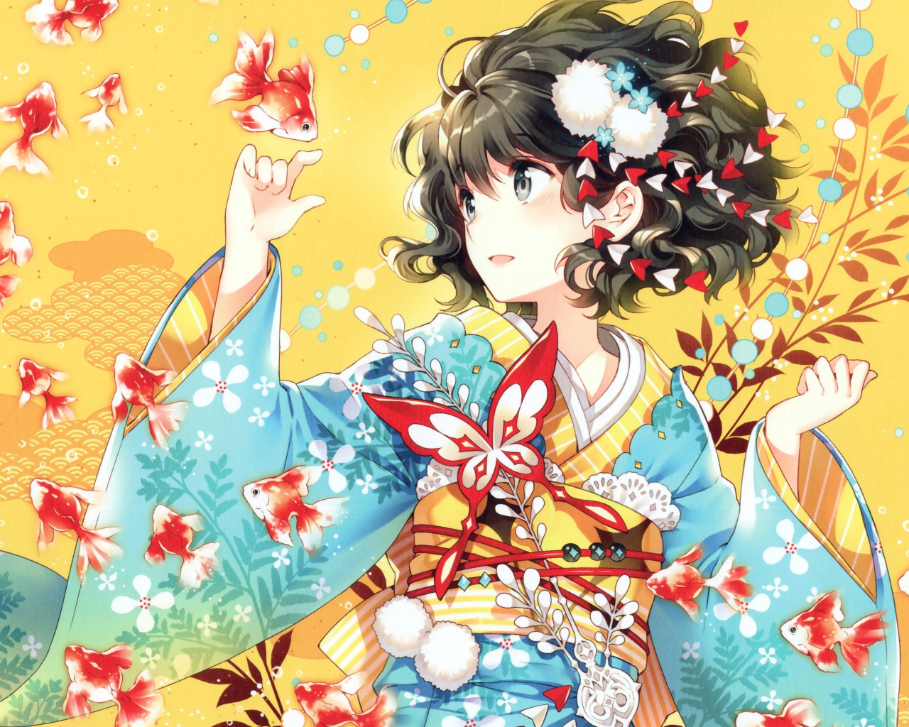 Девушка  аниме в кимоно  под водой с рыбками 