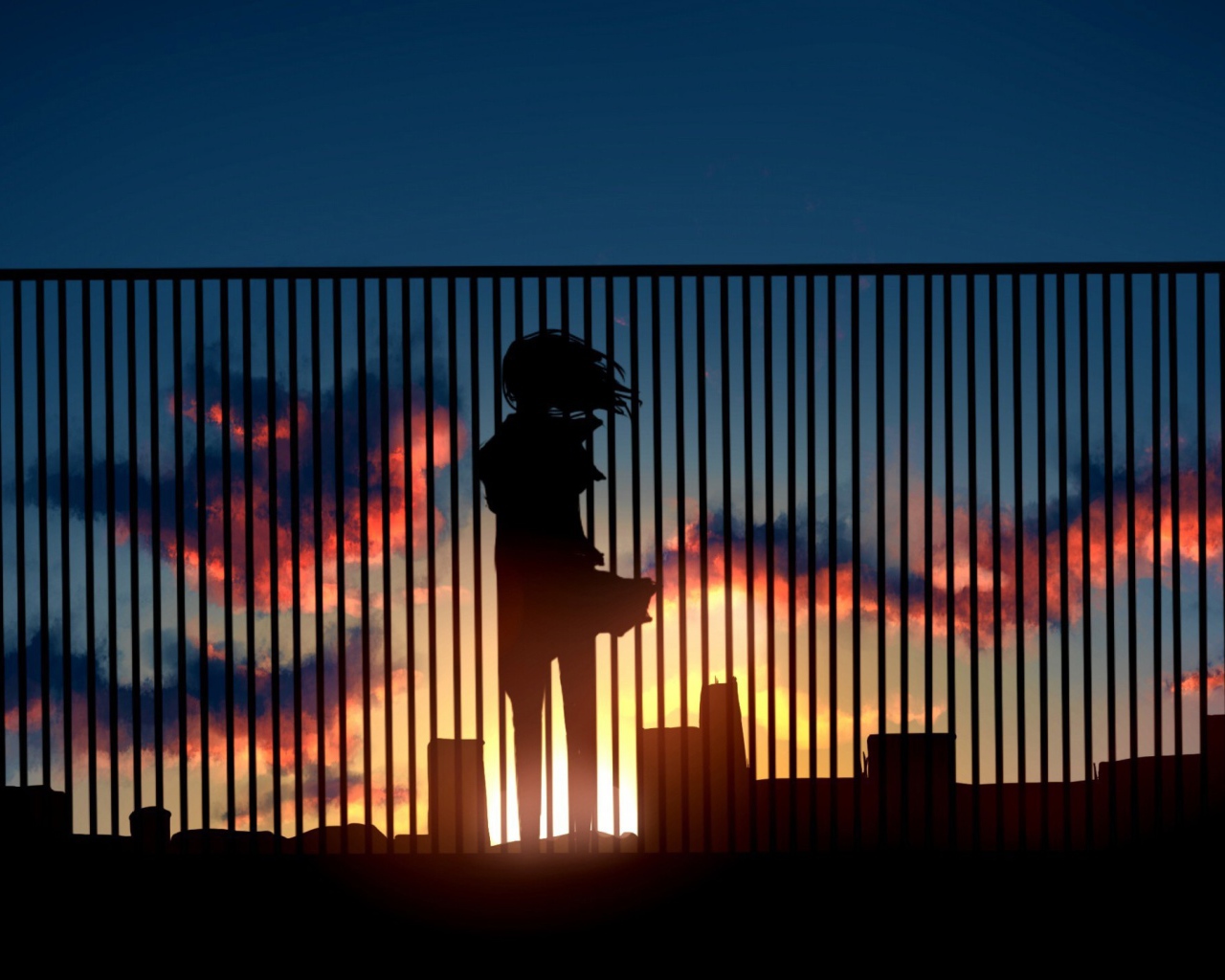 Аниме девушка на крыше смотрит на закат  