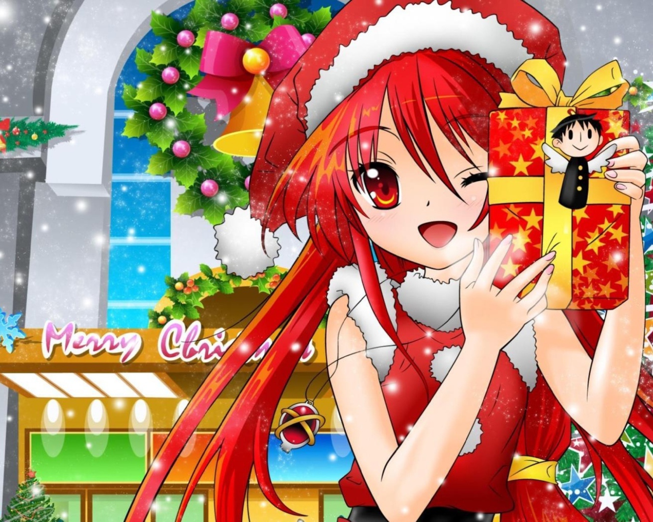 Девушка аниме с новогодним подарком