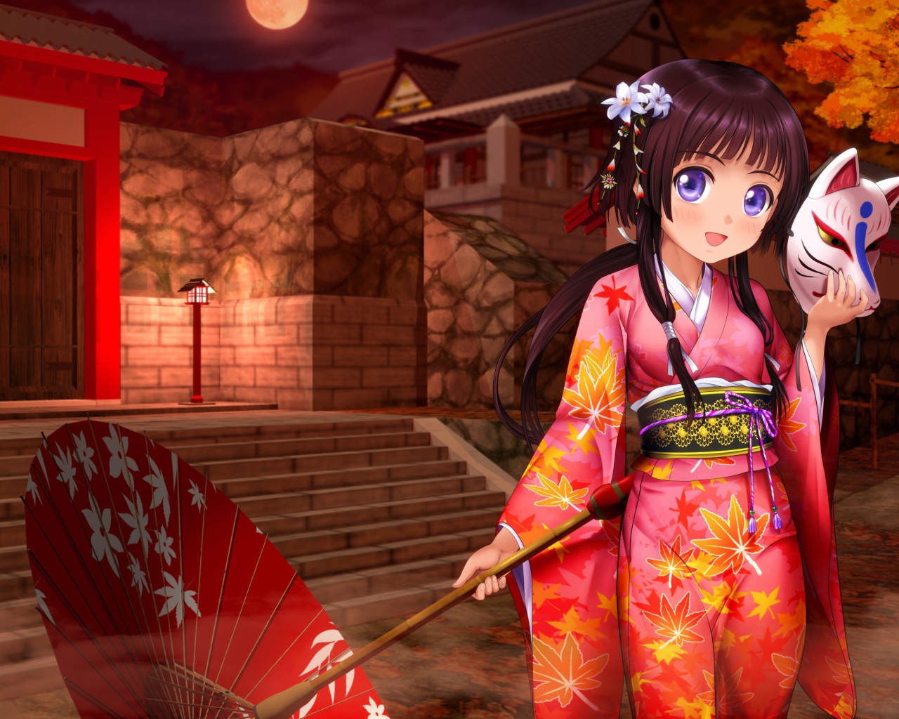 Аниме девушка с зонтом и в кимоно 