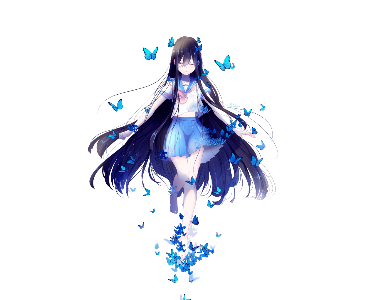 Девушка аниме с длинными волосами с голубыми бабочками на белом фоне