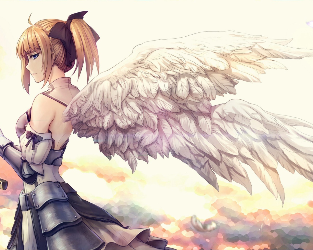 Девушка аниме с белыми крыльями ангела 