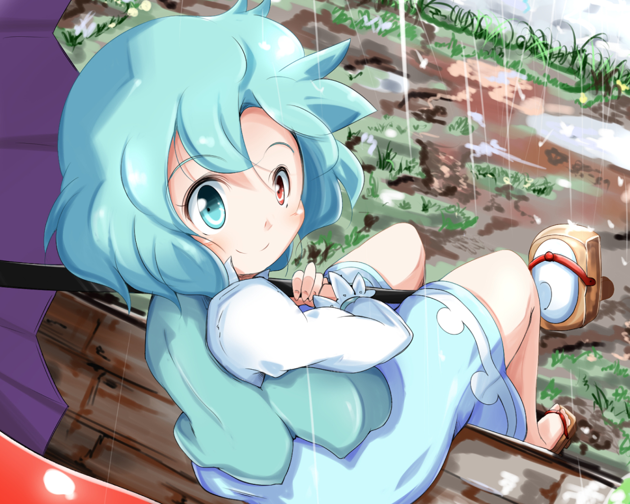 Девушка с голубыми волосами под дождем аниме Touhou 