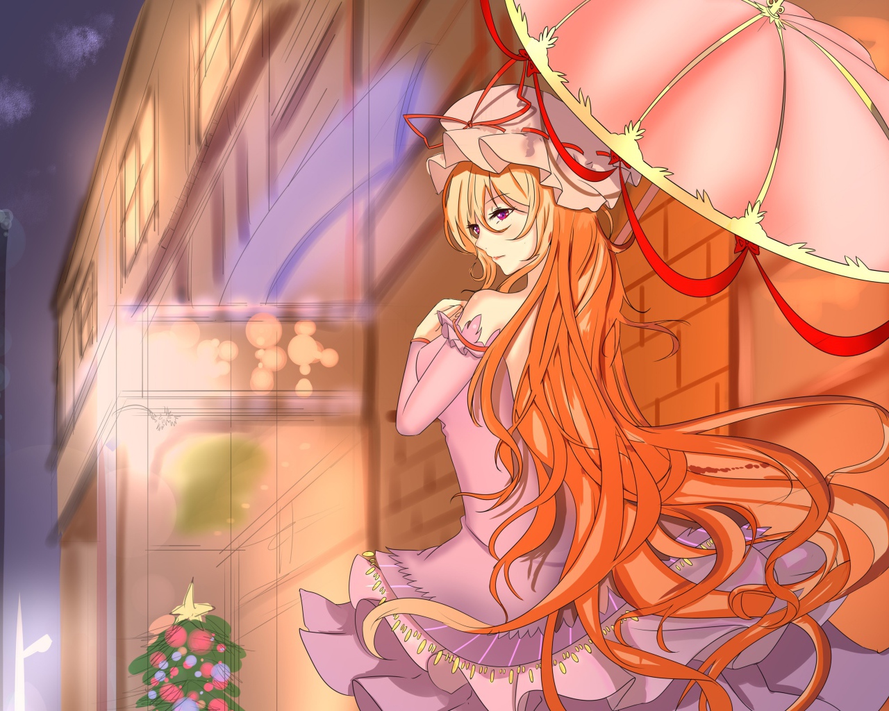 Девушка с рыжими волосами под розовым зонтом аниме 