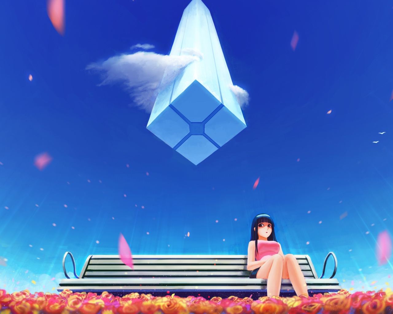 Девушка аниме на фоне голубого неба  