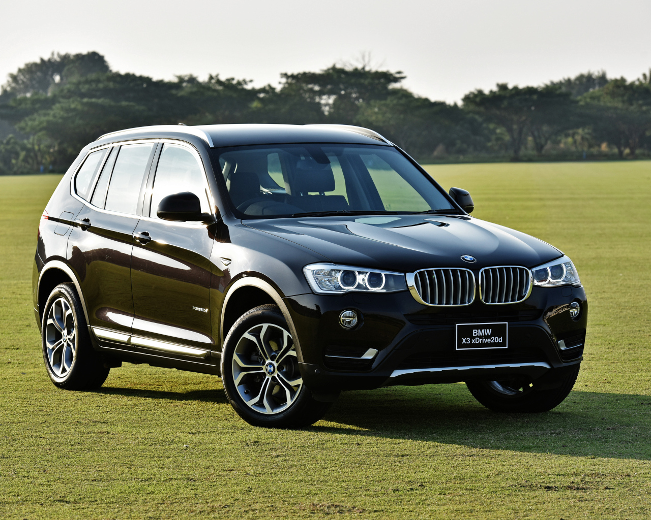 Черный автомобиль  BMW X3 на поле для гольфа 