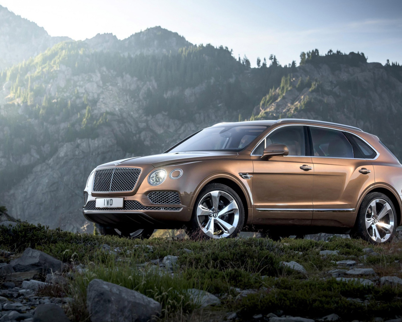 Коричневый кроссовер  Bentley Bentayga, 2017 на фоне гор