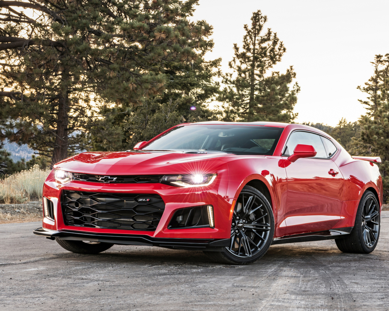 Красный автомобиль Chevrolet Camaro ZL1 на фоне леса 