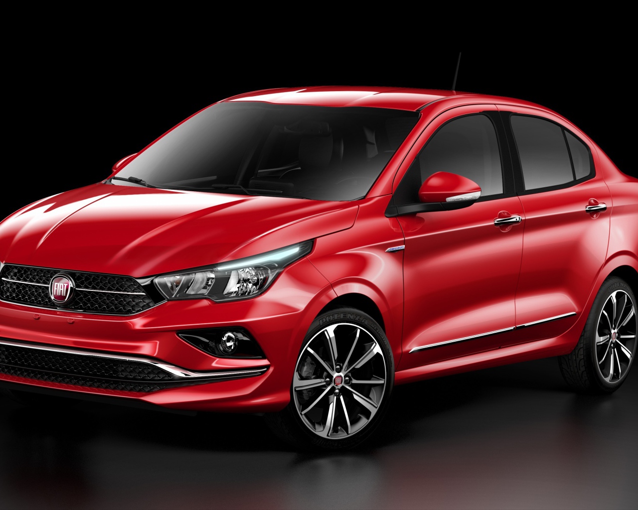 Красный автомобиль  Fiat Cronos, 2018 на черном фоне