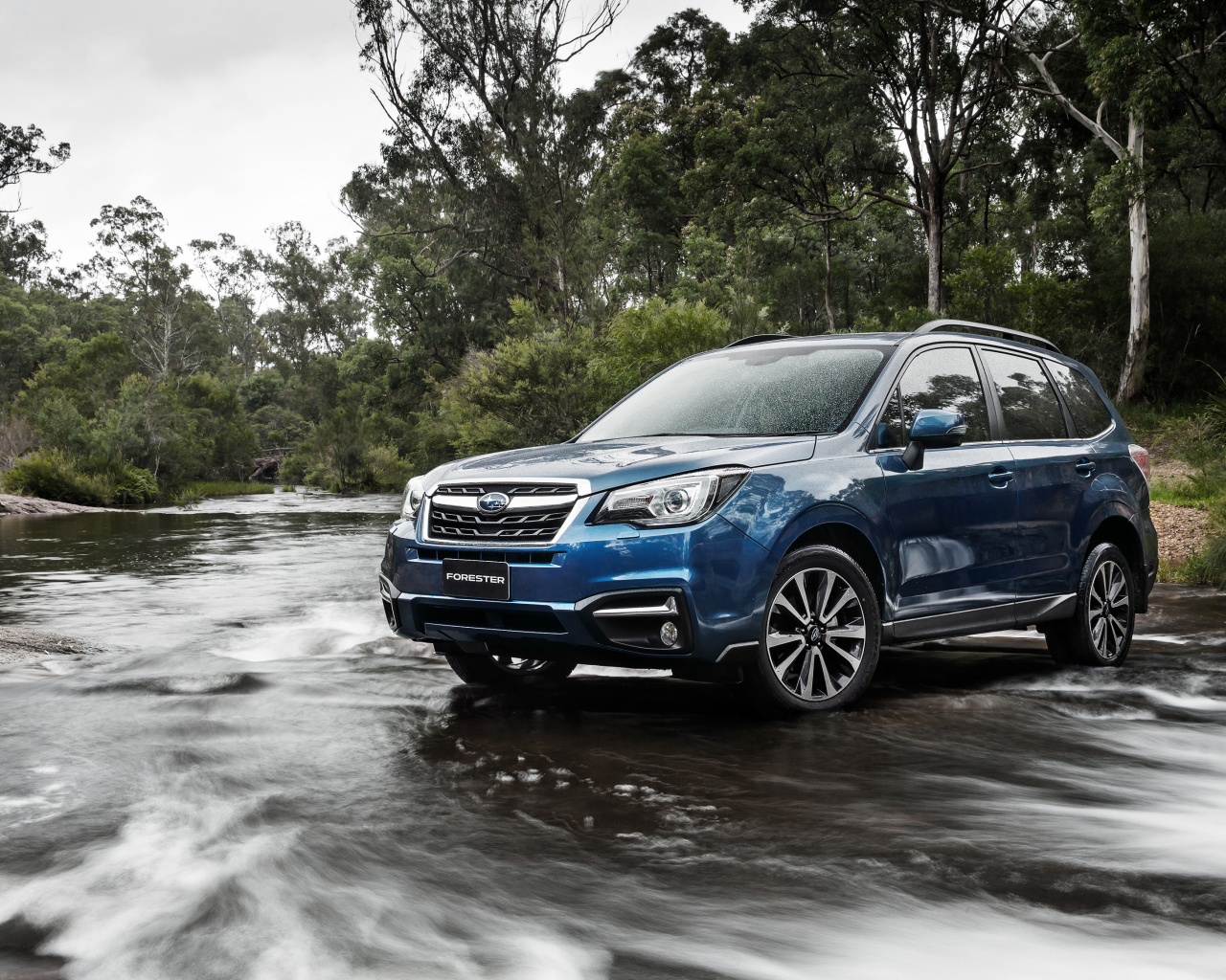 Внедорожник Subaru Forester проезжает через реку 