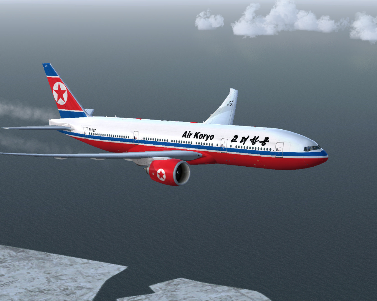 Пассажирский самолет  Boeing 777-200LR авиакомпании Air Koryo летит над океаном 