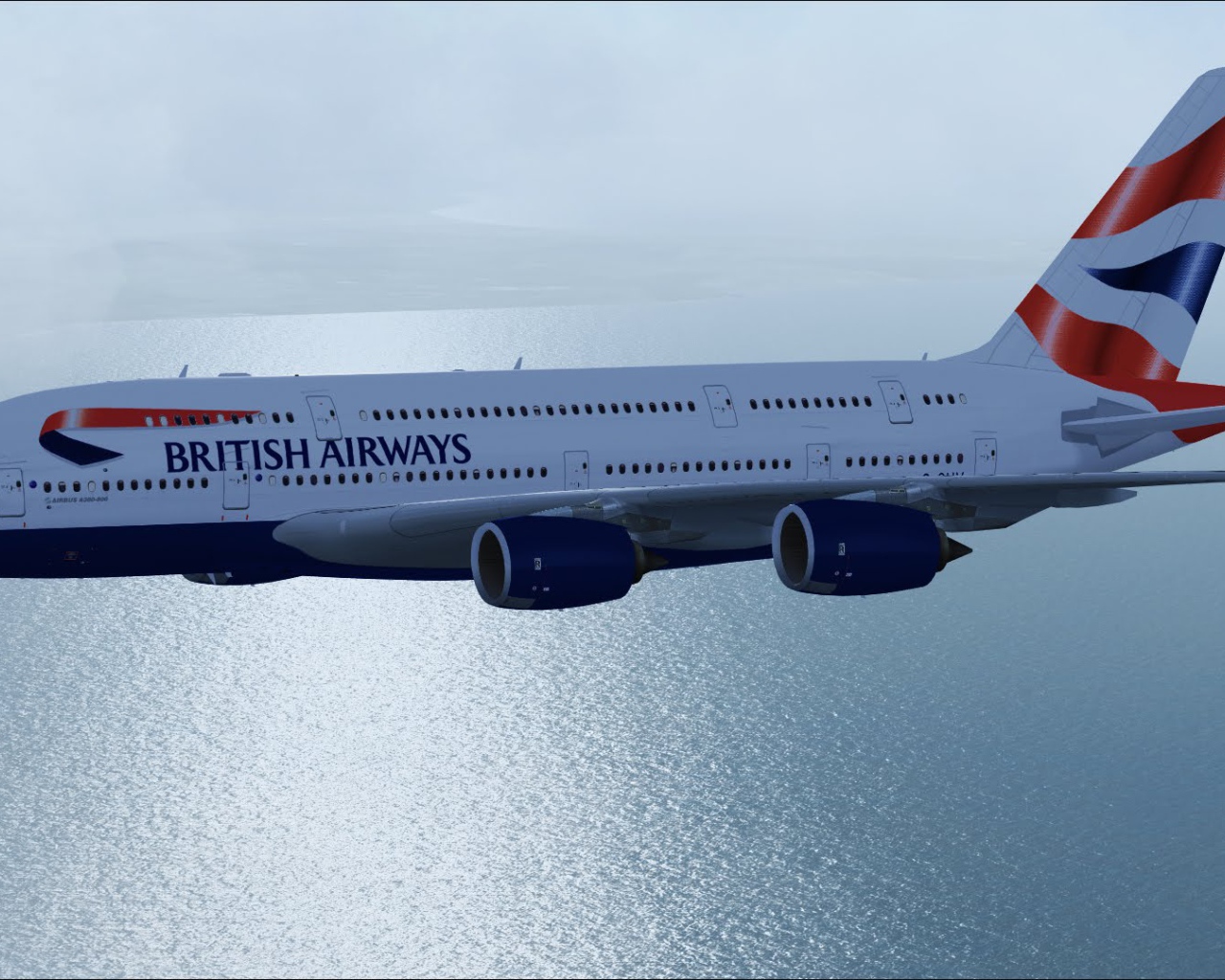 Самолет Airbus A380 British Airways летит над океаном 