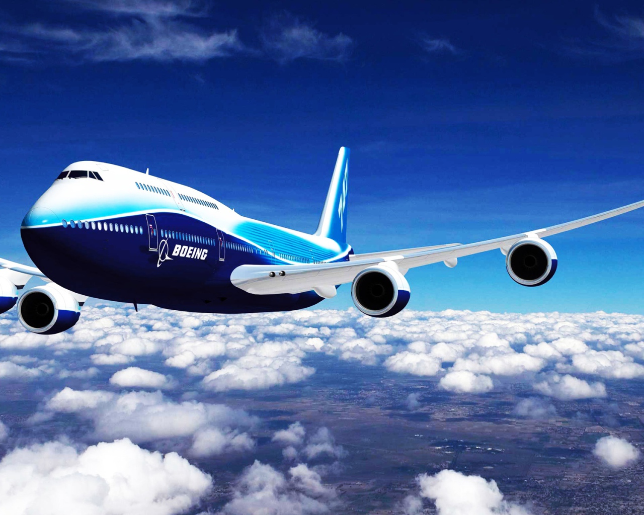 Boeing пролетает над белыми облаками 