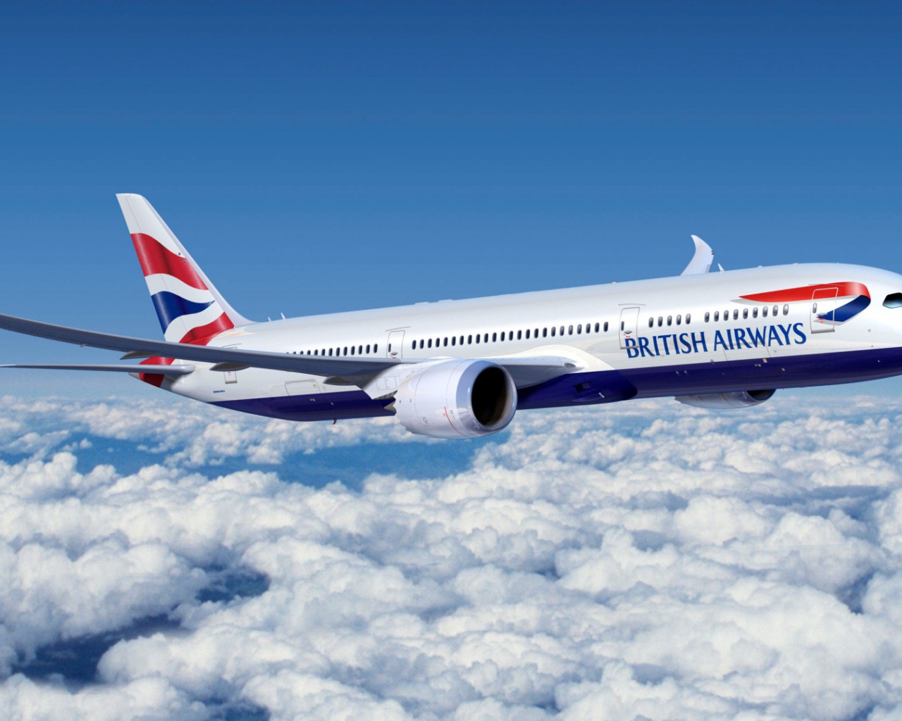 Самолет Boeing 777 авиакомпании British Airways летит над облаками 
