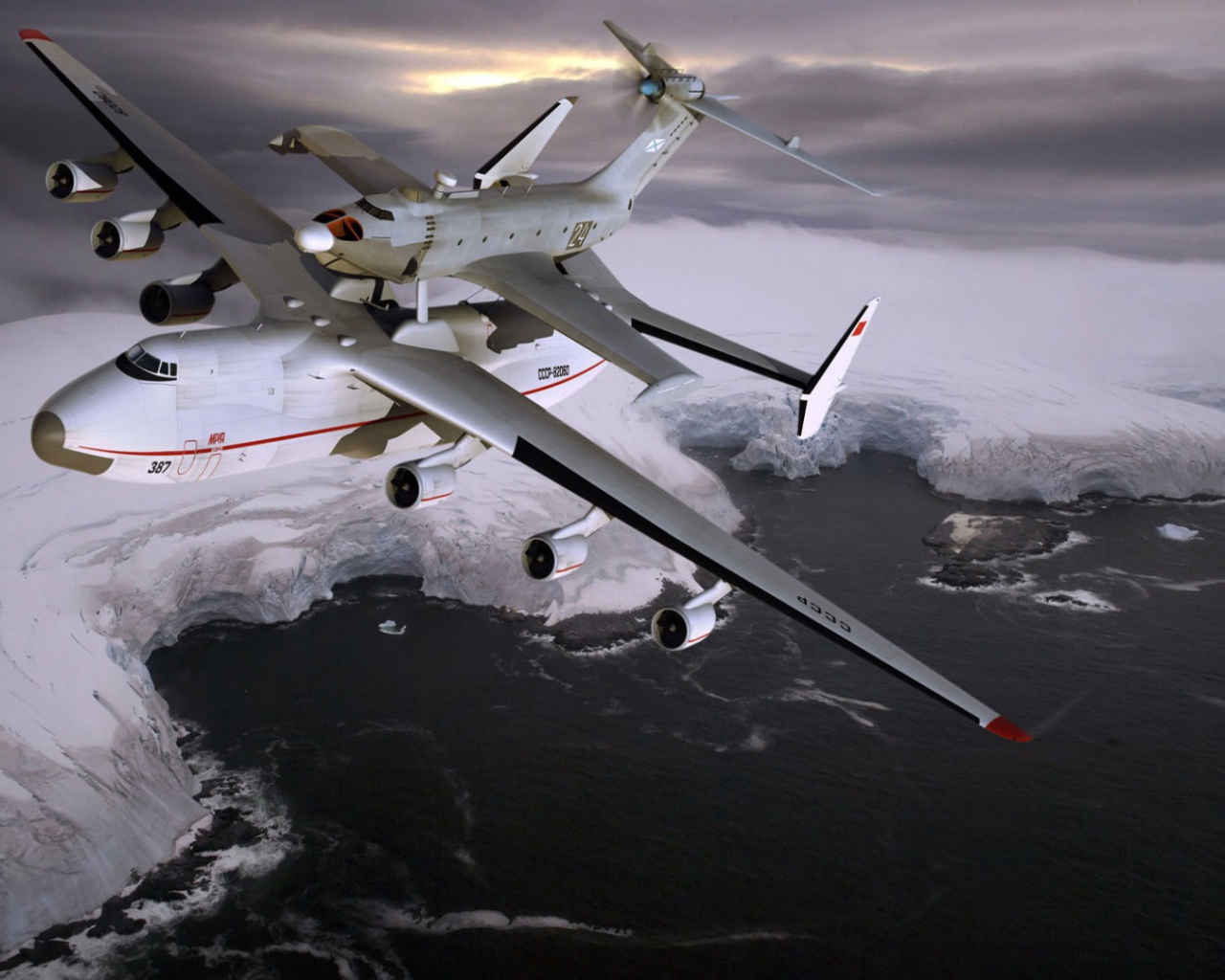 Полет транспортного самолета АН-225 Мрия над  Северным ледовитым океаном