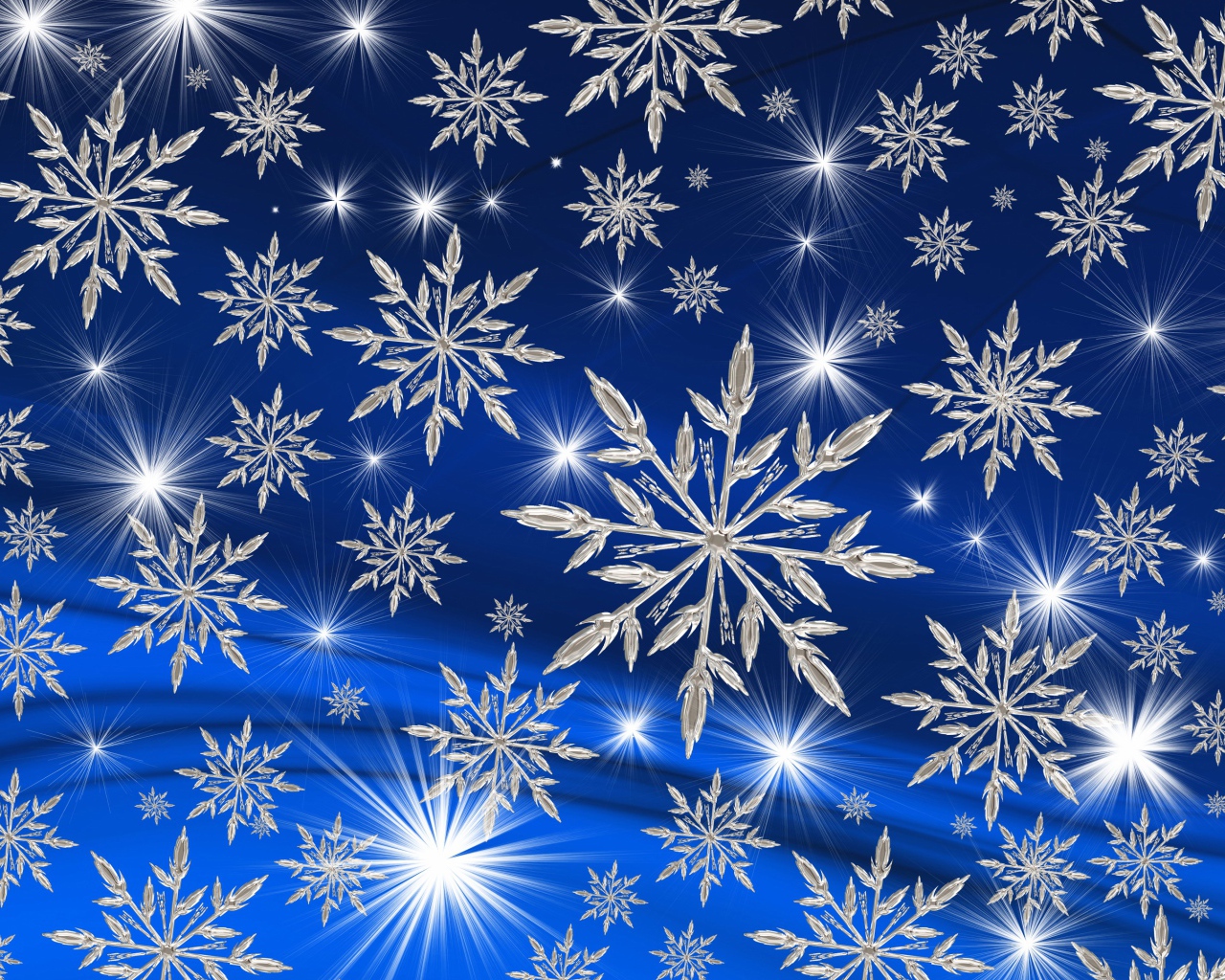 Ярки звезды и белые снежинки на голубом фоне