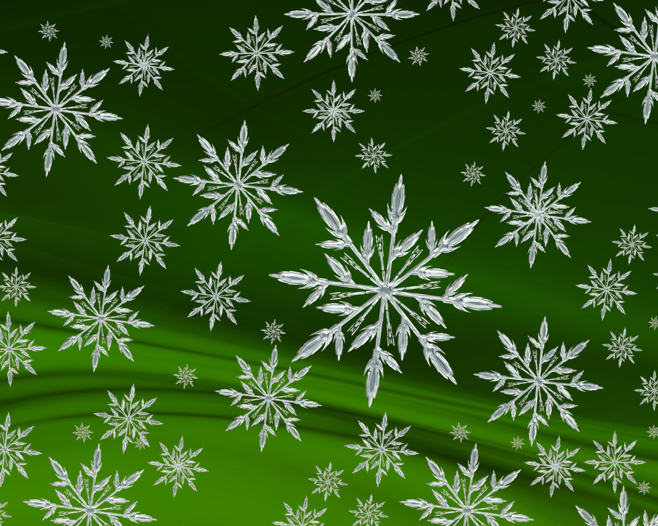 Кристальные белые снежинки на зеленом фоне