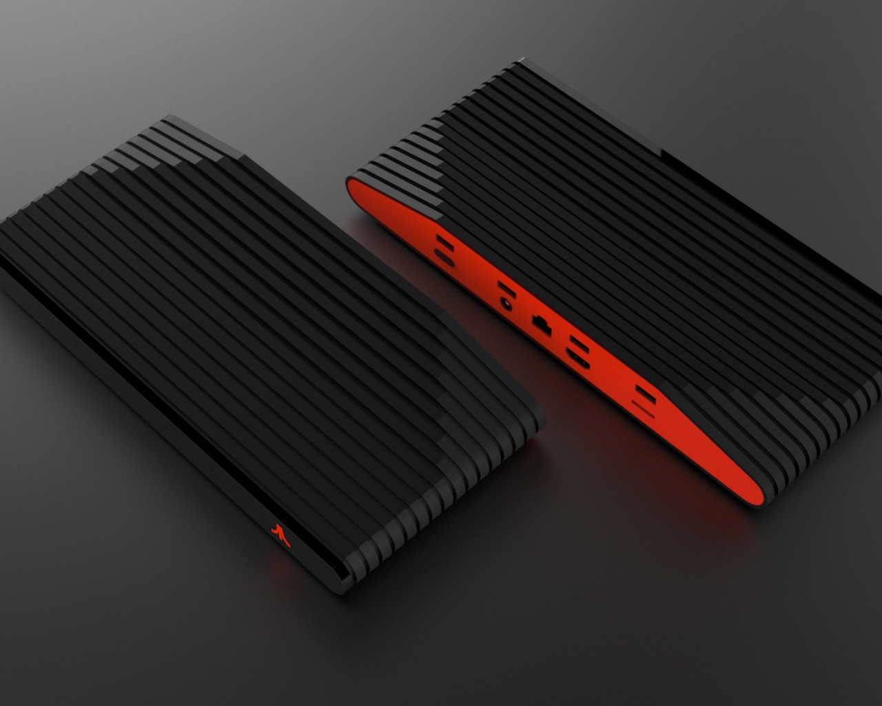 Новый игровой консоль Ataribox, 2018 на сером фоне