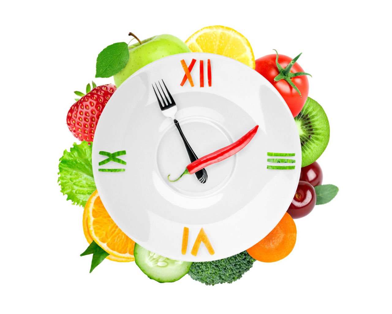 Креативные часы для вегетарианцев на белом фоне 