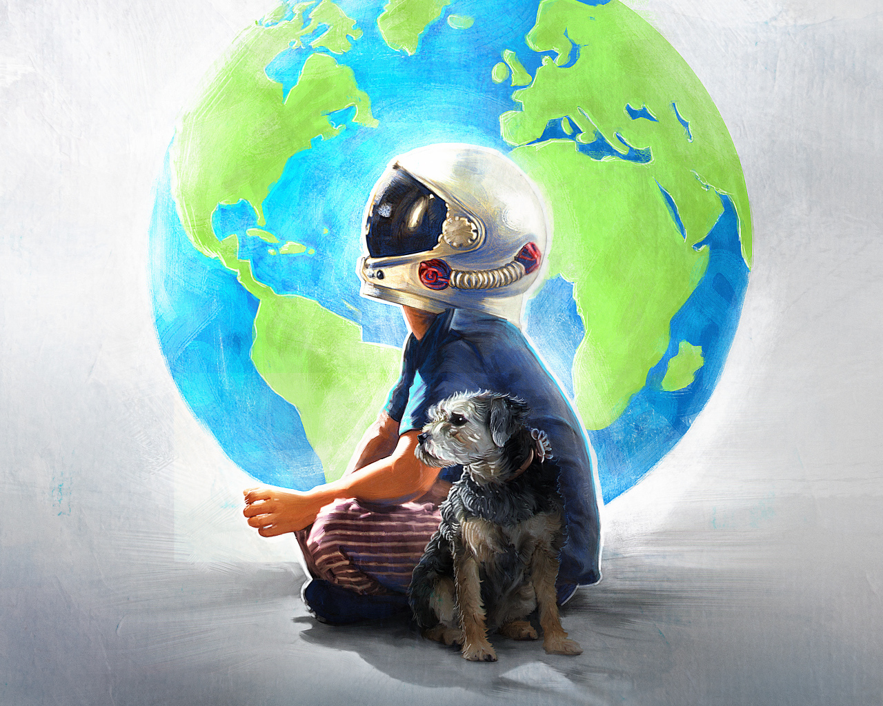 Нарисованный мальчик в шлеме космонавта с собакой