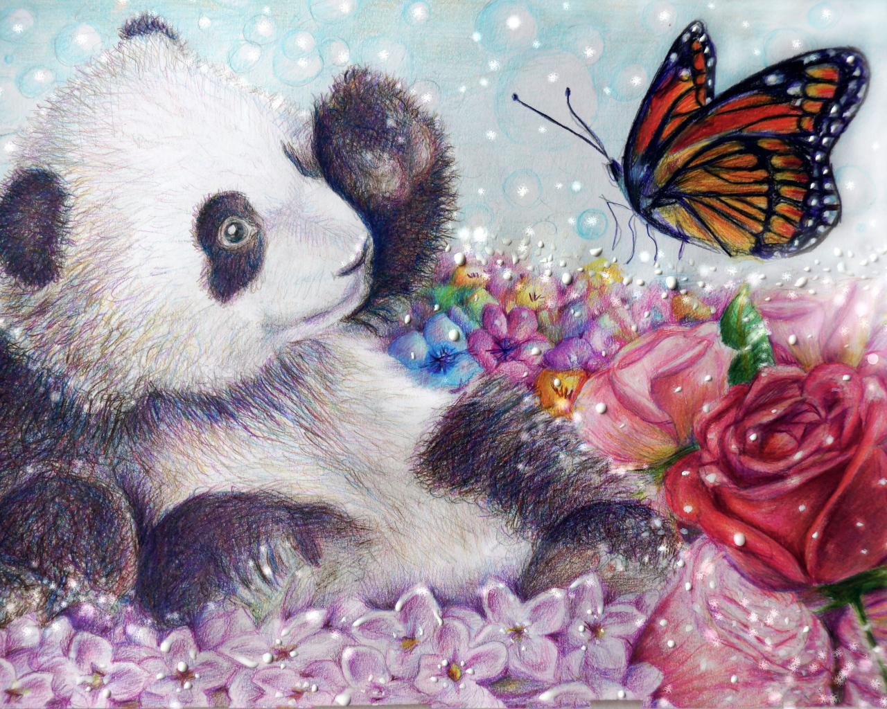 Нарисованный медвежонок панда с бабочкой и красной розой